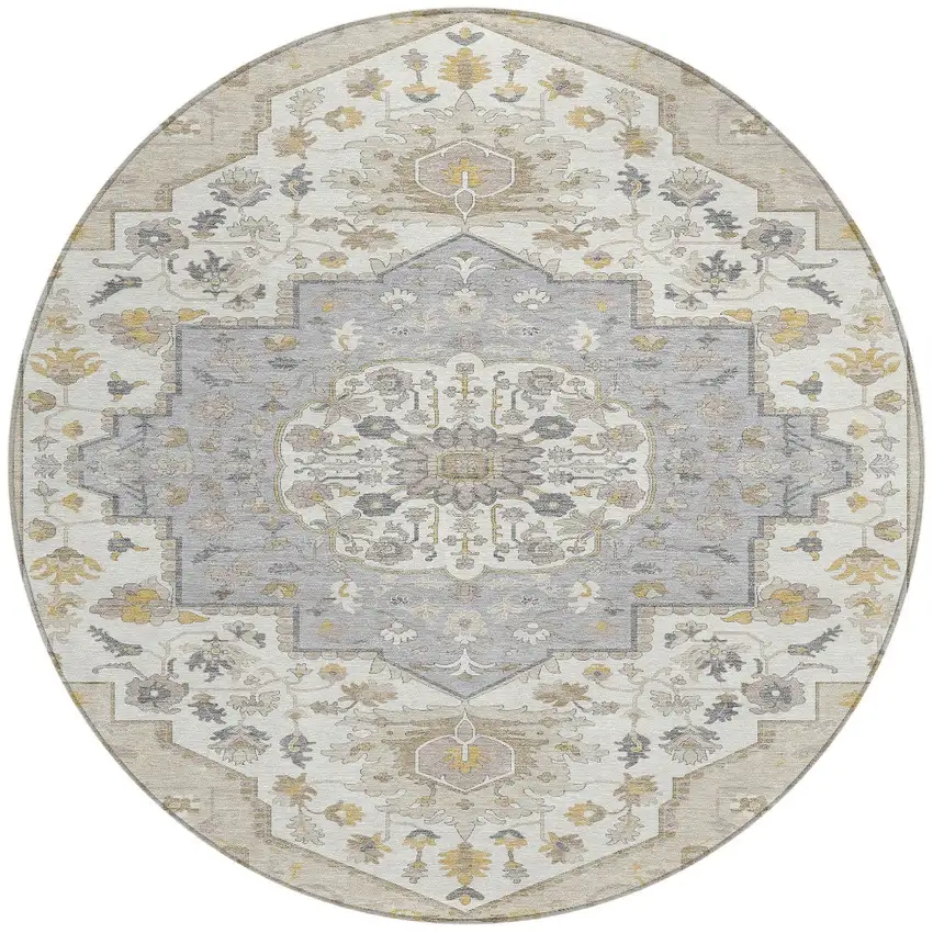 8' Beige Ivory And Gray Round Oriental Washable Indoor Outdoor Area Rug Photo 5