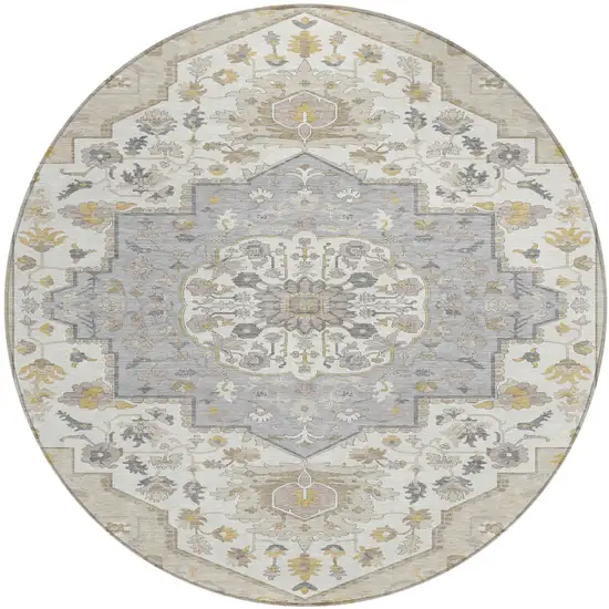 8' Beige Ivory And Gray Round Oriental Washable Indoor Outdoor Area Rug Photo 2