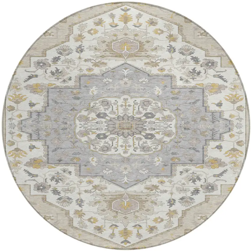 8' Beige Ivory And Gray Round Oriental Washable Indoor Outdoor Area Rug Photo 2
