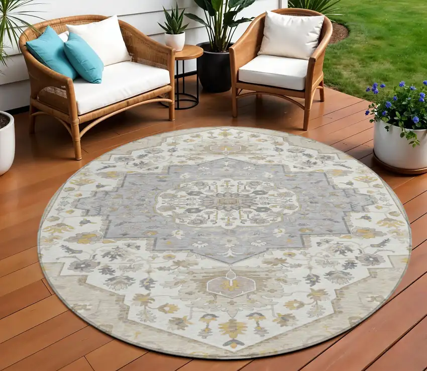 8' Beige Ivory And Gray Round Oriental Washable Indoor Outdoor Area Rug Photo 1