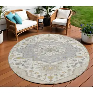 Photo of 8' Beige Ivory And Gray Round Oriental Washable Indoor Outdoor Area Rug