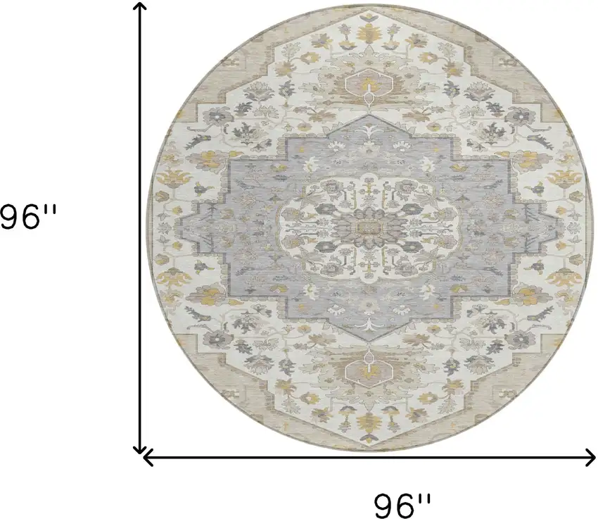 8' Beige Ivory And Gray Round Oriental Washable Indoor Outdoor Area Rug Photo 3