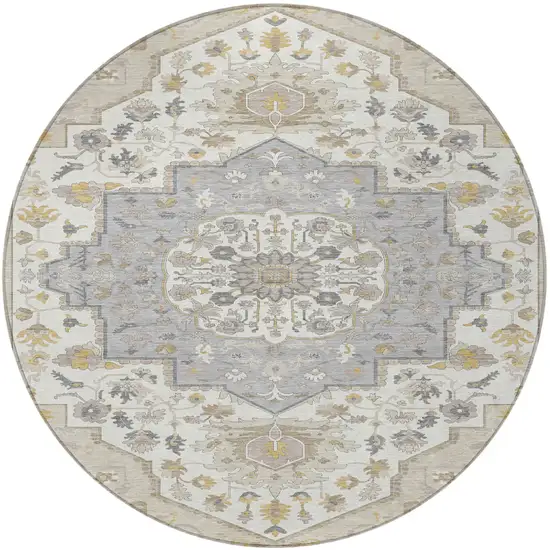 8' Beige Ivory And Gray Round Oriental Washable Indoor Outdoor Area Rug Photo 6