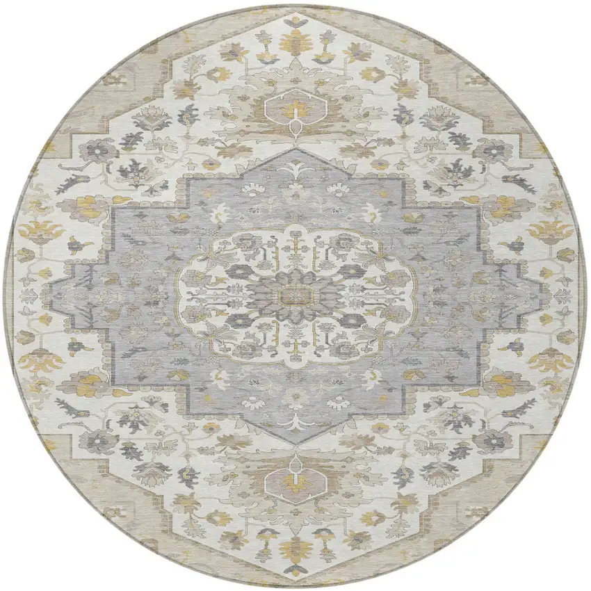 8' Beige Ivory And Gray Round Oriental Washable Indoor Outdoor Area Rug Photo 6