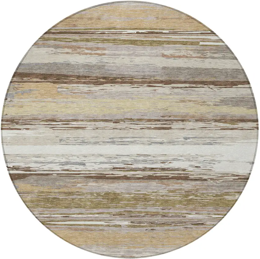 8' Beige Ivory And Gray Round Striped Washable Indoor Outdoor Area Rug Photo 5