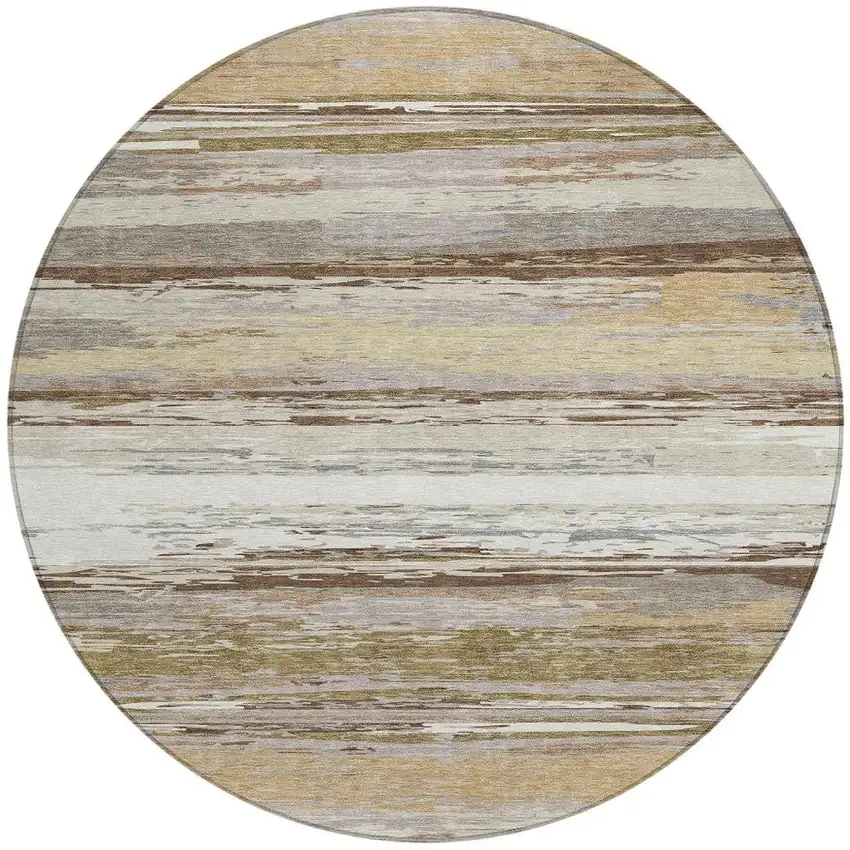 8' Beige Ivory And Gray Round Striped Washable Indoor Outdoor Area Rug Photo 4