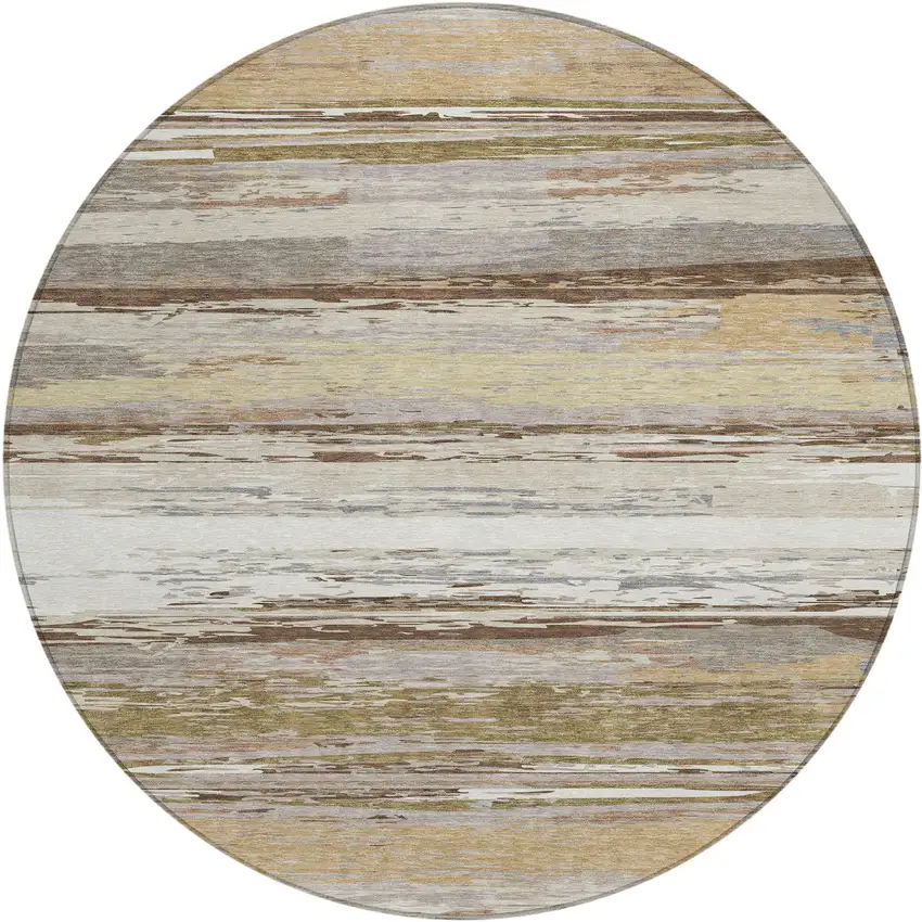 8' Beige Ivory And Gray Round Striped Washable Indoor Outdoor Area Rug Photo 2