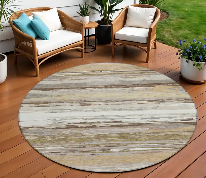 8' Beige Ivory And Gray Round Striped Washable Indoor Outdoor Area Rug Photo 1