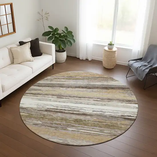 8' Beige Ivory And Gray Round Striped Washable Indoor Outdoor Area Rug Photo 9