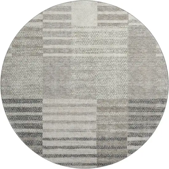 8' Beige Ivory And Gray Striped Washable Round Rug With UV Protection Photo 1