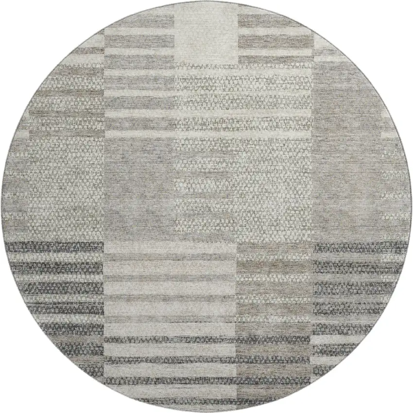 8' Beige Ivory And Gray Striped Washable Round Rug With UV Protection Photo 1
