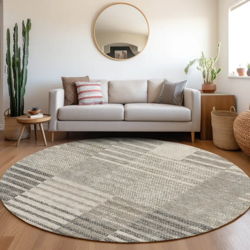 8' Beige Ivory And Gray Striped Washable Round Rug With UV Protection Photo 4