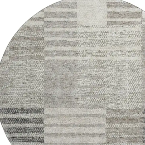 8' Beige Ivory And Gray Striped Washable Round Rug With UV Protection Photo 2