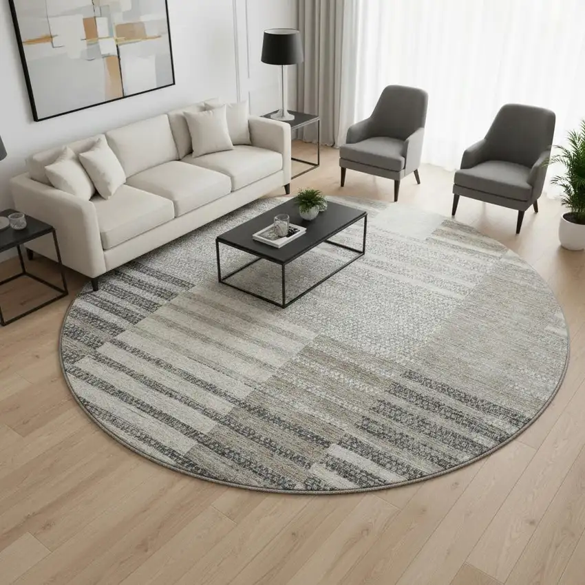 8' Beige Ivory And Gray Striped Washable Round Rug With UV Protection Photo 2