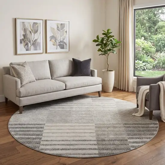 8' Beige Ivory And Gray Striped Washable Round Rug With UV Protection Photo 1