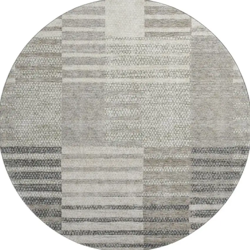 8' Beige Ivory And Gray Striped Washable Round Rug With UV Protection Photo 3