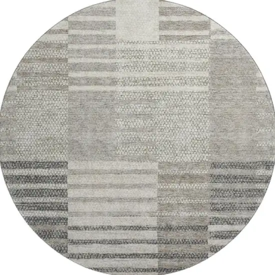 8' Beige Ivory And Gray Striped Washable Round Rug With UV Protection Photo 3