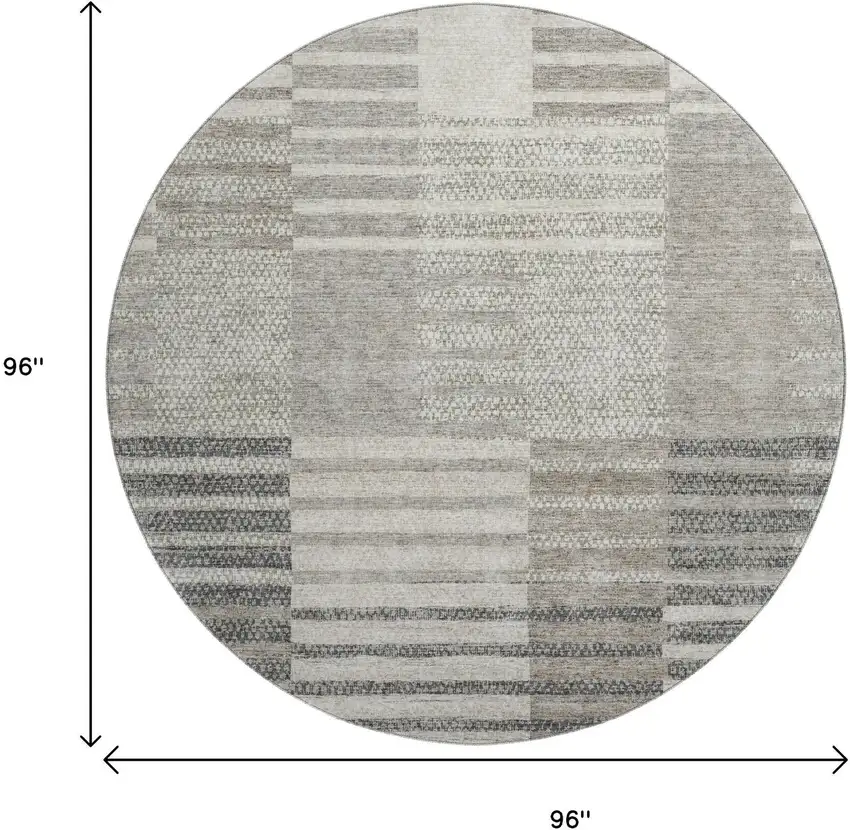 8' Beige Ivory And Gray Striped Washable Round Rug With UV Protection Photo 9