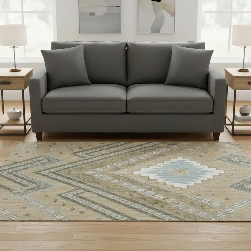 8' Beige Ivory And Gray Tribal Washable Round Rug With UV Protection Photo 2