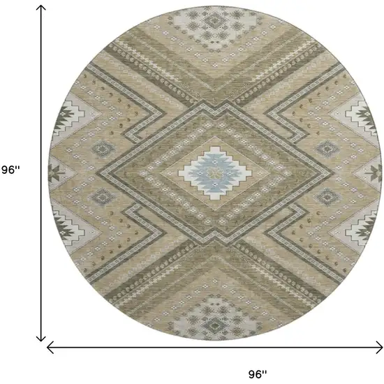 8' Beige Ivory And Gray Tribal Washable Round Rug With UV Protection Photo 9