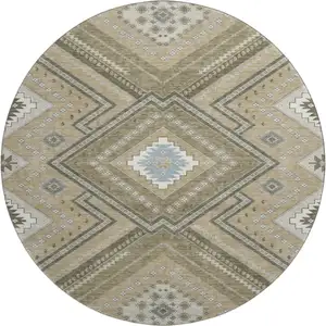 Photo of 8' Beige Ivory And Gray Tribal Washable Round Rug With UV Protection