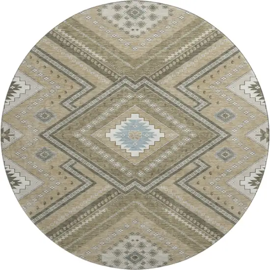 8' Beige Ivory And Gray Tribal Washable Round Rug With UV Protection Photo 1