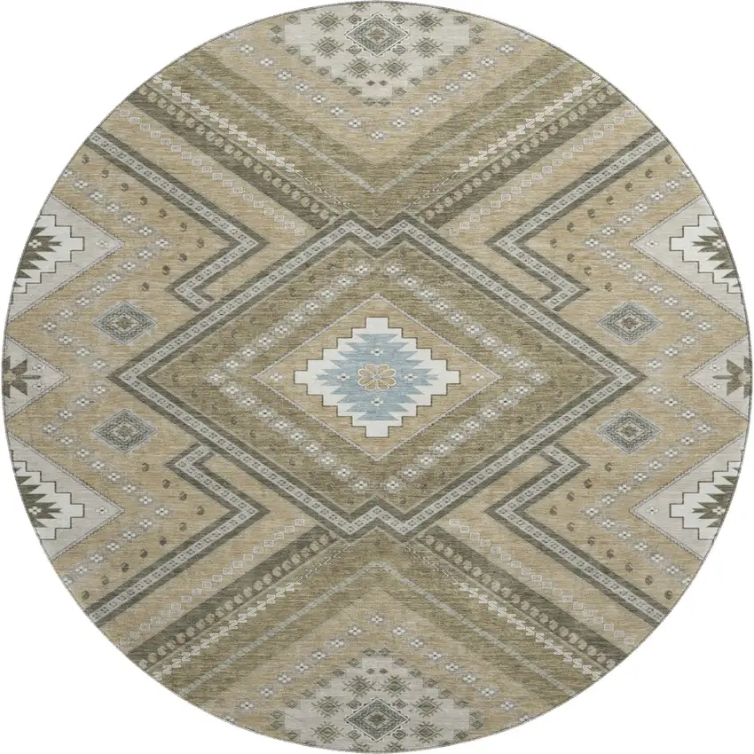 8' Beige Ivory And Gray Tribal Washable Round Rug With UV Protection Photo 1