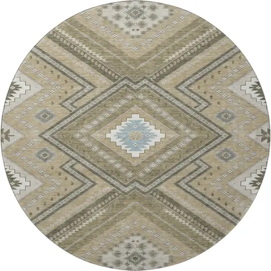 8' Beige Ivory And Gray Tribal Washable Round Rug With UV Protection Photo 3