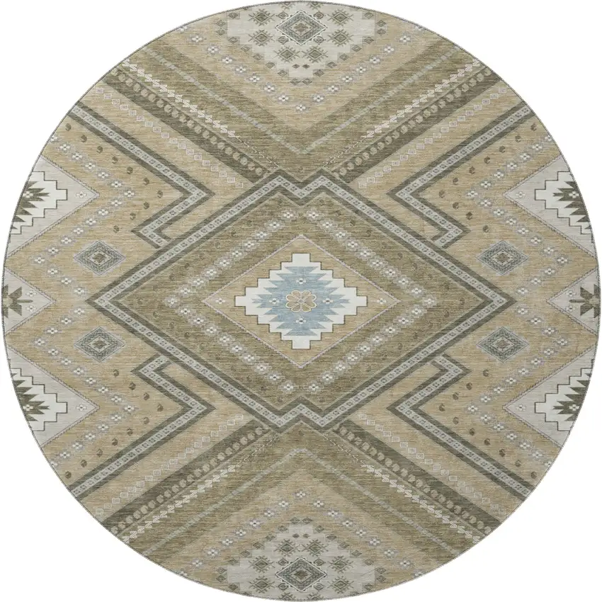 8' Beige Ivory And Gray Tribal Washable Round Rug With UV Protection Photo 3