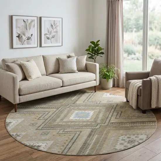8' Beige Ivory And Gray Tribal Washable Round Rug With UV Protection Photo 1
