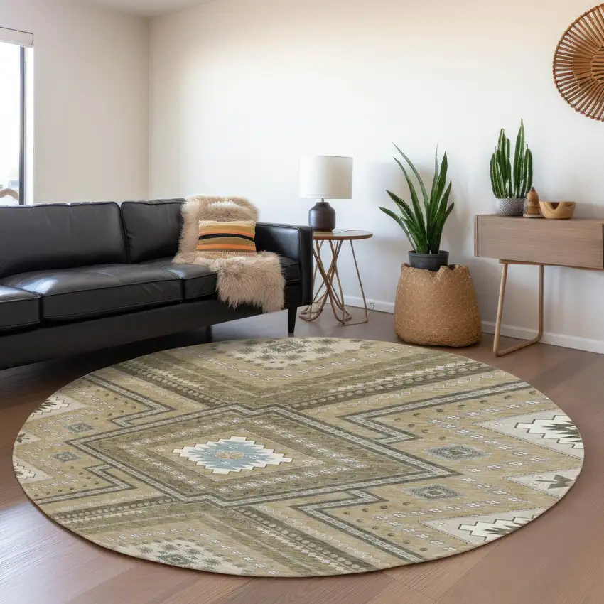 8' Beige Ivory And Gray Tribal Washable Round Rug With UV Protection Photo 4