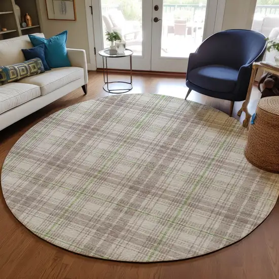 8' Beige Ivory And Green Round Plaid Washable Indoor Outdoor Area Rug Photo 7