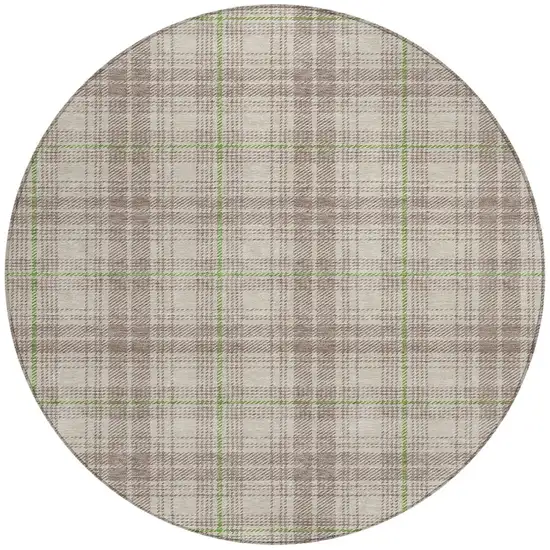 8' Beige Ivory And Green Round Plaid Washable Indoor Outdoor Area Rug Photo 4