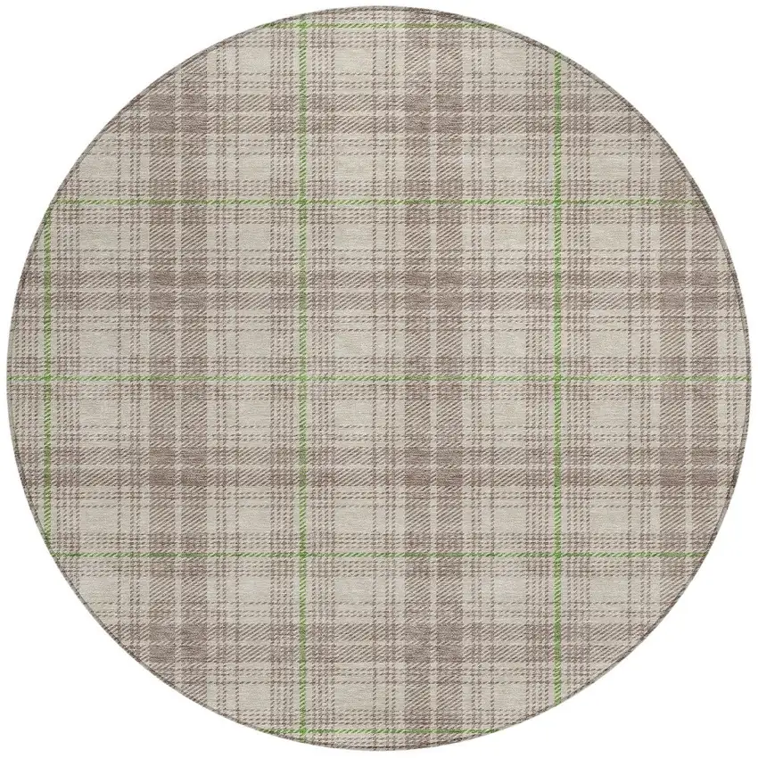 8' Beige Ivory And Green Round Plaid Washable Indoor Outdoor Area Rug Photo 4