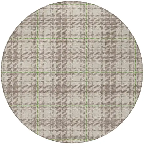 8' Beige Ivory And Green Round Plaid Washable Indoor Outdoor Area Rug Photo 5