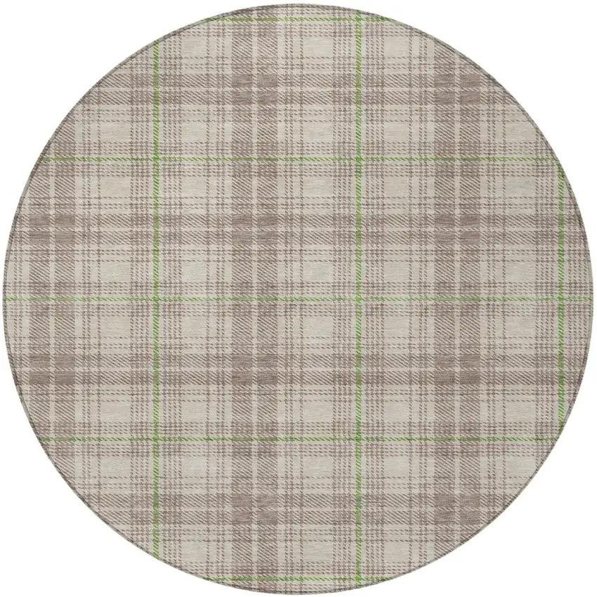 8' Beige Ivory And Green Round Plaid Washable Indoor Outdoor Area Rug Photo 5