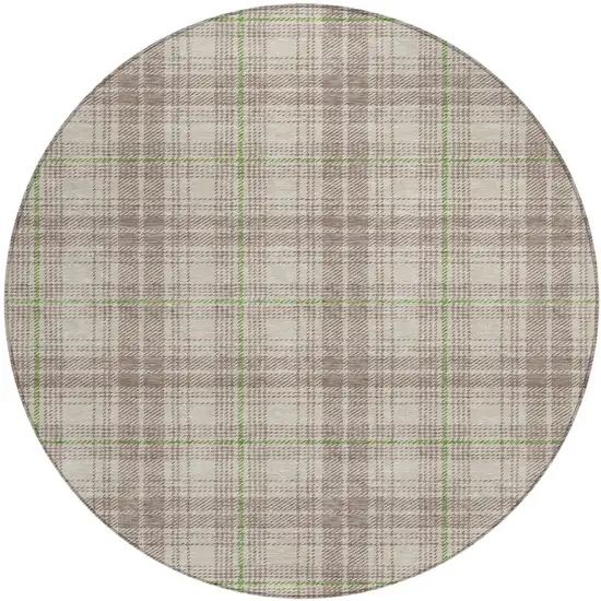 8' Beige Ivory And Green Round Plaid Washable Indoor Outdoor Area Rug Photo 2