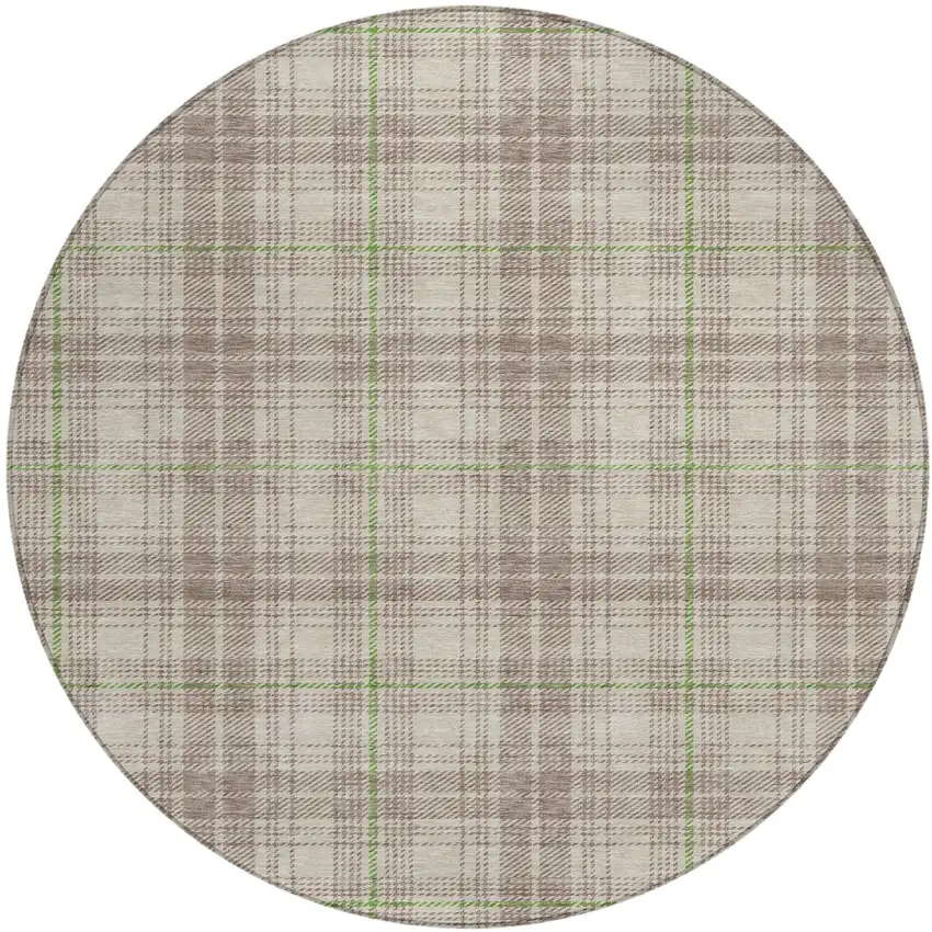 8' Beige Ivory And Green Round Plaid Washable Indoor Outdoor Area Rug Photo 2