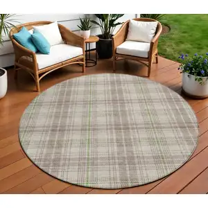 Photo of 8' Beige Ivory And Green Round Plaid Washable Indoor Outdoor Area Rug