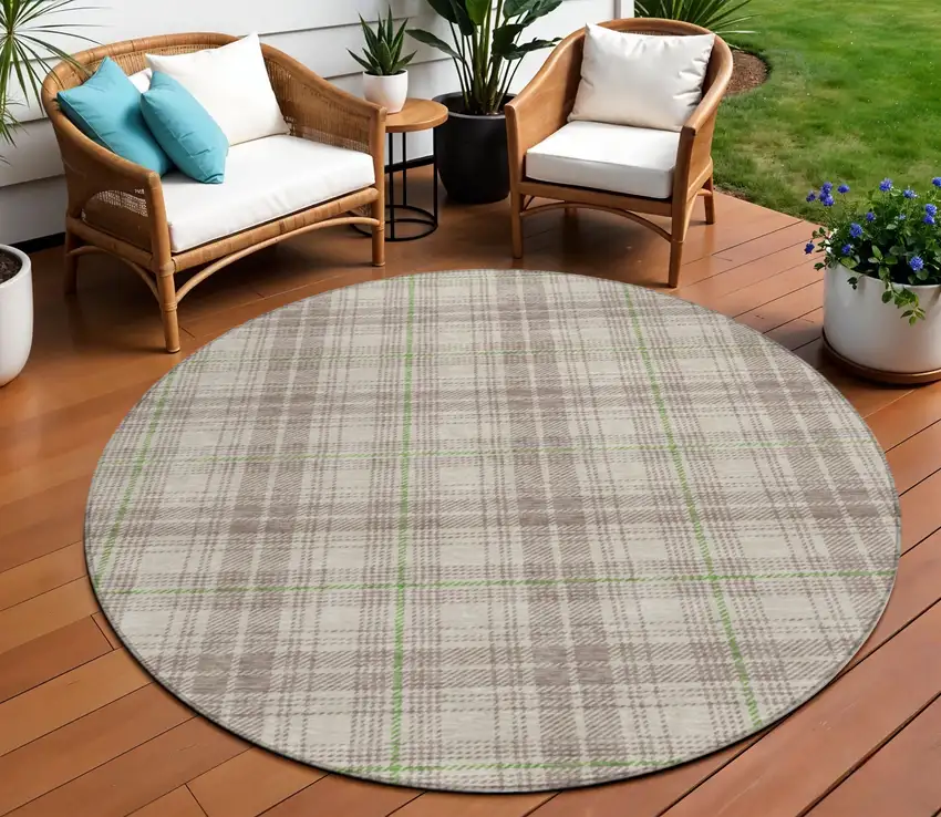 8' Beige Ivory And Green Round Plaid Washable Indoor Outdoor Area Rug Photo 1