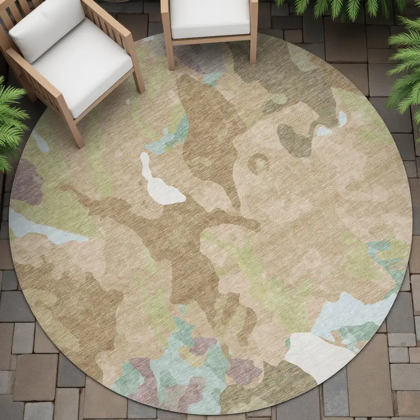 8' Beige Ivory And Plum Round Abstract Washable Indoor Outdoor Area Rug Photo 8