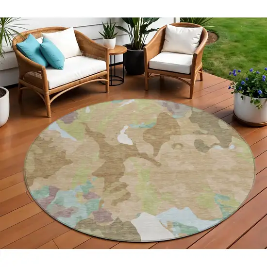 8' Beige Ivory And Plum Round Abstract Washable Indoor Outdoor Area Rug Photo 2