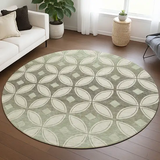 8' Beige Ivory And Sage Round Geometric Washable Indoor Outdoor Area Rug Photo 5
