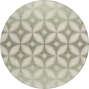 Photo of 8' Beige Ivory And Sage Round Geometric Washable Indoor Outdoor Area Rug