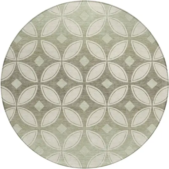 8' Beige Ivory And Sage Round Geometric Washable Indoor Outdoor Area Rug Photo 1