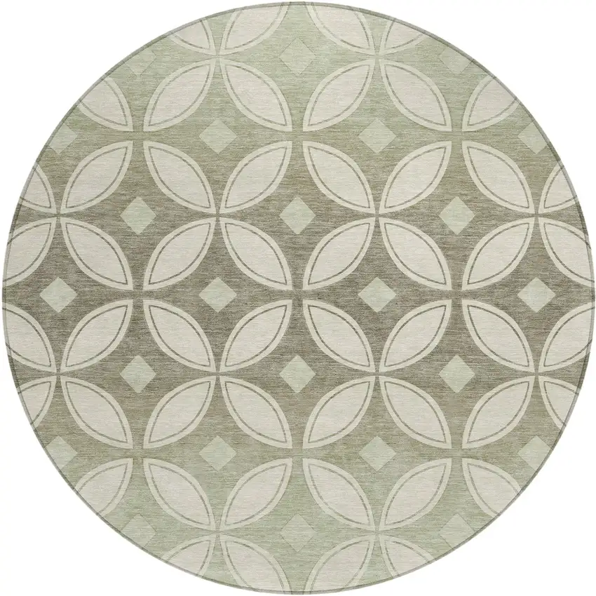 8' Beige Ivory And Sage Round Geometric Washable Indoor Outdoor Area Rug Photo 1