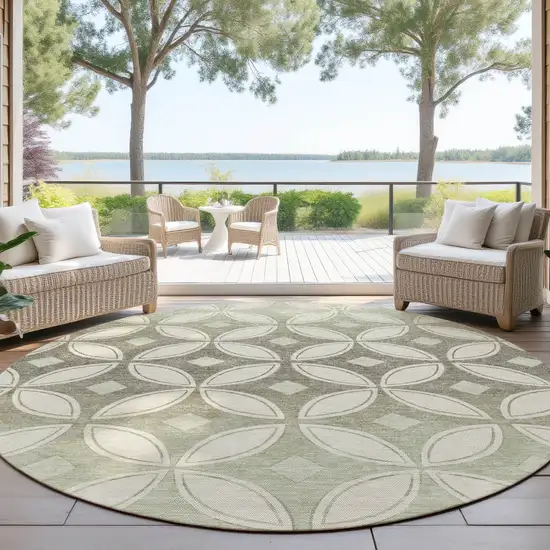 8' Beige Ivory And Sage Round Geometric Washable Indoor Outdoor Area Rug Photo 4