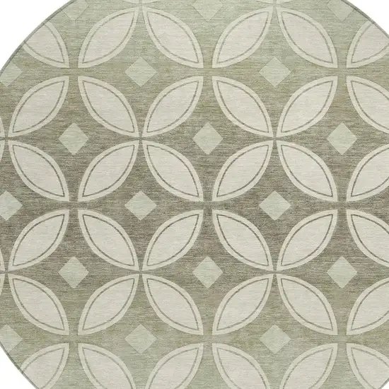 8' Beige Ivory And Sage Round Geometric Washable Indoor Outdoor Area Rug Photo 2