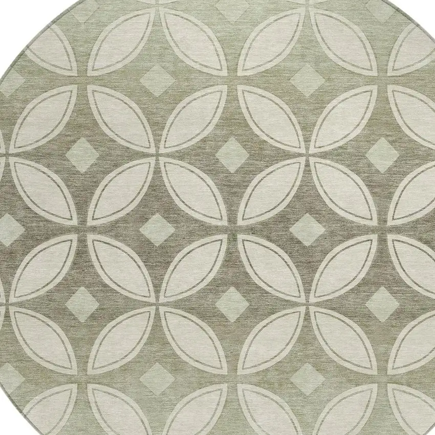 8' Beige Ivory And Sage Round Geometric Washable Indoor Outdoor Area Rug Photo 2