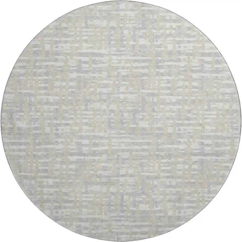 8' Beige Ivory And Silver Abstract Geometric Washable Round Rug With UV Protection Photo 1